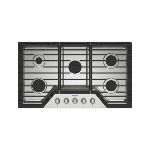 Whirlpool® 36-inch Gas Cooktop with 5 Burners, Dishwasher-Safe Metal Knobs & EZ-2-Lift™ Cast-Iron Grates, Stainless Steel (WCGK7036PS)