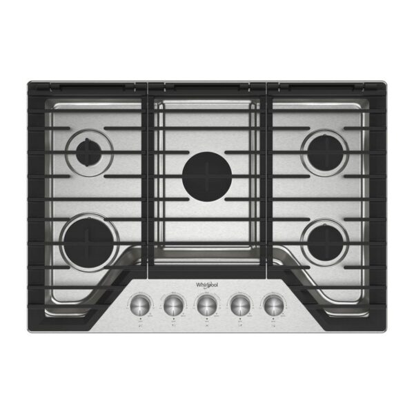 Whirlpool® 30-inch Gas Cooktop with 5 Burners and EZ-2-Lift™ Hinged Cast-Iron Grates (WCGK7030PS)